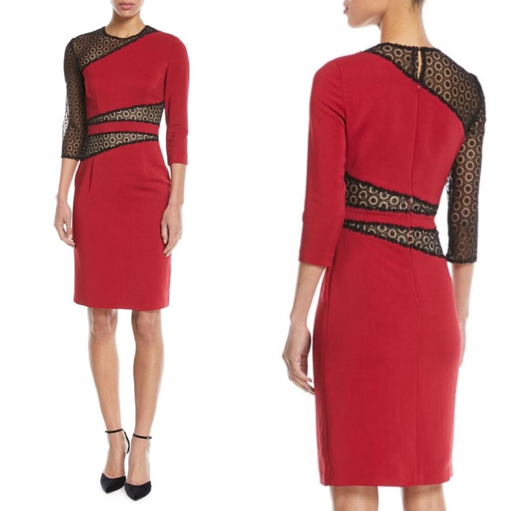 NK32 Naeem Khan Lace Cutout Dress Red Black